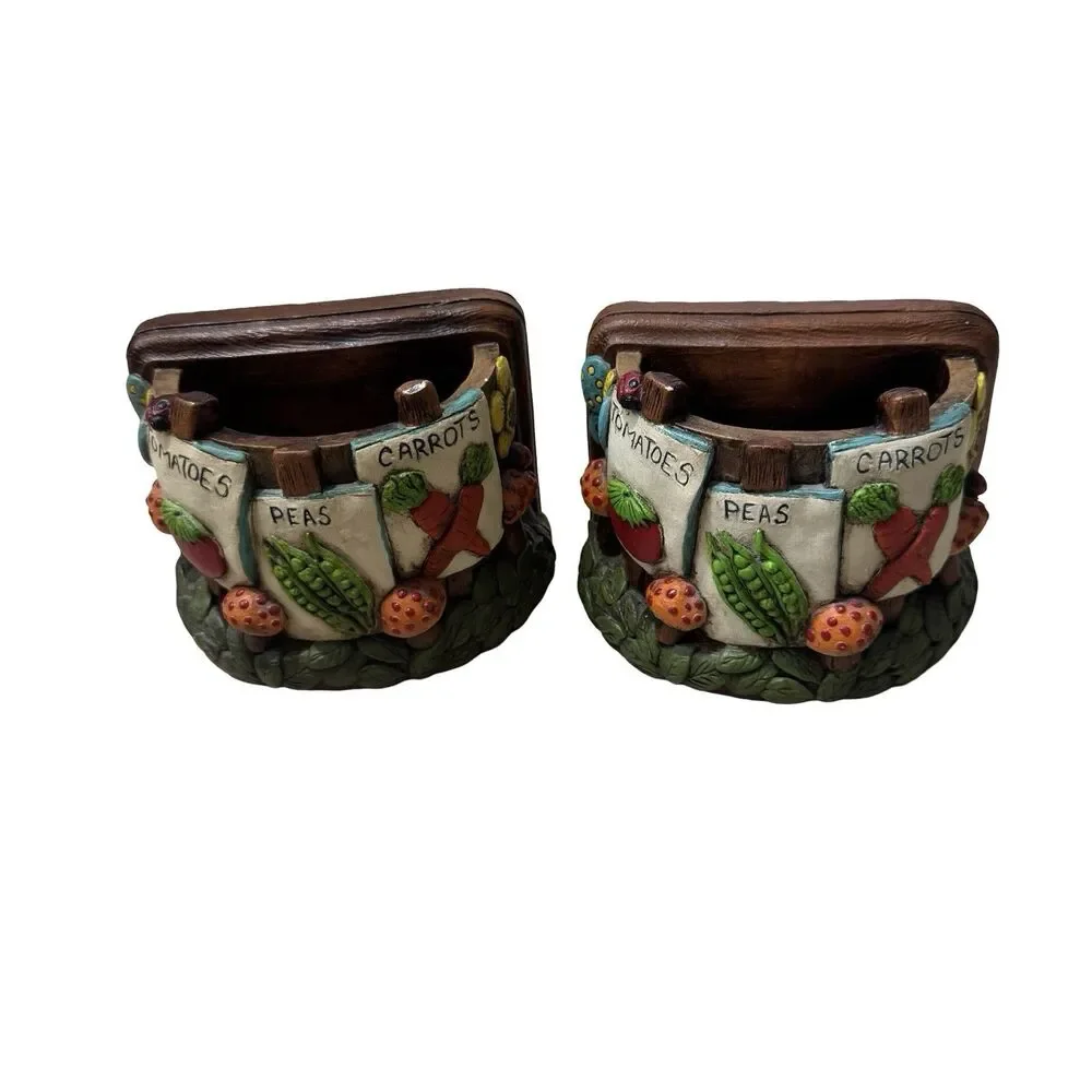 Set Garden Cheryl Gadow Vintage 1974 Hand Painted Chalkware Bookends & Planters